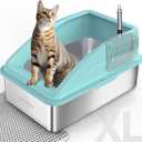 AIPERRO Stainless Steel Litter Box | XL Enclosed Cat Litter Boxs with Lid for Big Cats | High Sided, Anti-Urine Leakage | Non-Stick Bottom & Includes Litter Mat & Metal Scoop (Turquoise, X-Large)