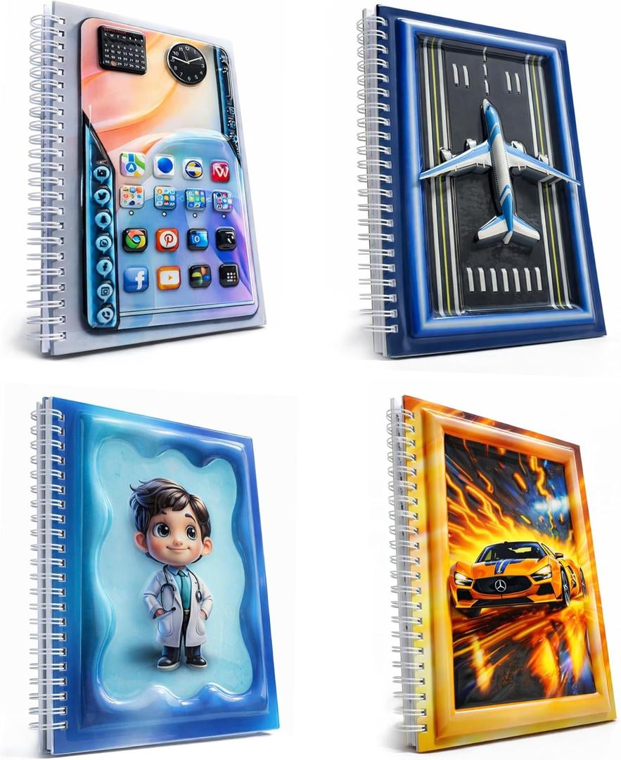 A5 3D Glossy Cover Spiral Notebook  Cute Hardcover Notebooks with 160 Pages/80 Sheets of Each  Kids School Notebooks for Girls & Boys (Pack of 4 (Apps, Takeoff, Doctor, Fire Car))