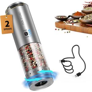 CIRCLE JOY Electric Pepper Grinder Stainless Steel Rechargeable Pepper Mill with Variable Grinding Speed, External Adjustable Coarseness, 95ml Container and White LED Light, Silver