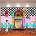 Back to 50's Sock Hop Photography Fabric Background Back to 1950s Soda Shop Photo Backdrops Rock Roll Party 50s Retro Diner Time Rock Roll Classic Party Decoration Banner 8x6ft