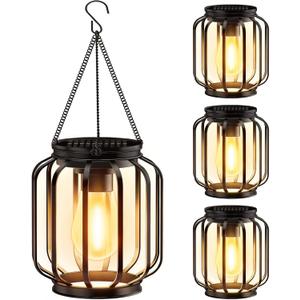 Solar Hanging Lanterns Outdoor Waterproof: 4 Pack Metal Solar-Powered Lights with Hook, Bright Warm Lantern Decor for Outside, Classic Outdoor Lighting for Yard Garden Patio Porch Balcony Decorations