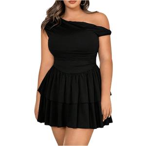 MakeMeChic Women's Plus Size Cocktail Dress Summer Asymmetrical Mini Dress Ruffle Party Dresses (XX-Large Plus, Black)