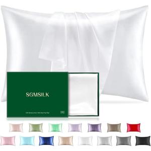 Mulberry Silk Pillowcase for Hair and Skin, SGMSILK 22 Momme Natural Silk Pillow Cases with Zipper, 6A Soft and Smooth Single Sided Pure Silk Pillow Cover (White, Standard 20"x26")