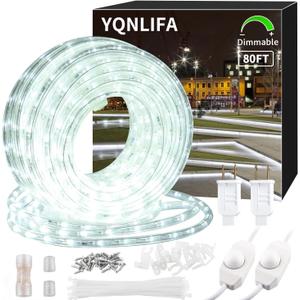 80ft LED Rope Lights, Dimmable 864 LEDs IP65 Waterproof Outdoor Indoor Linkable Cuttable Rope Light, 110V 6000K Daylight White Christmas Rope Light for Patio Garden Corridor Home Party Decor