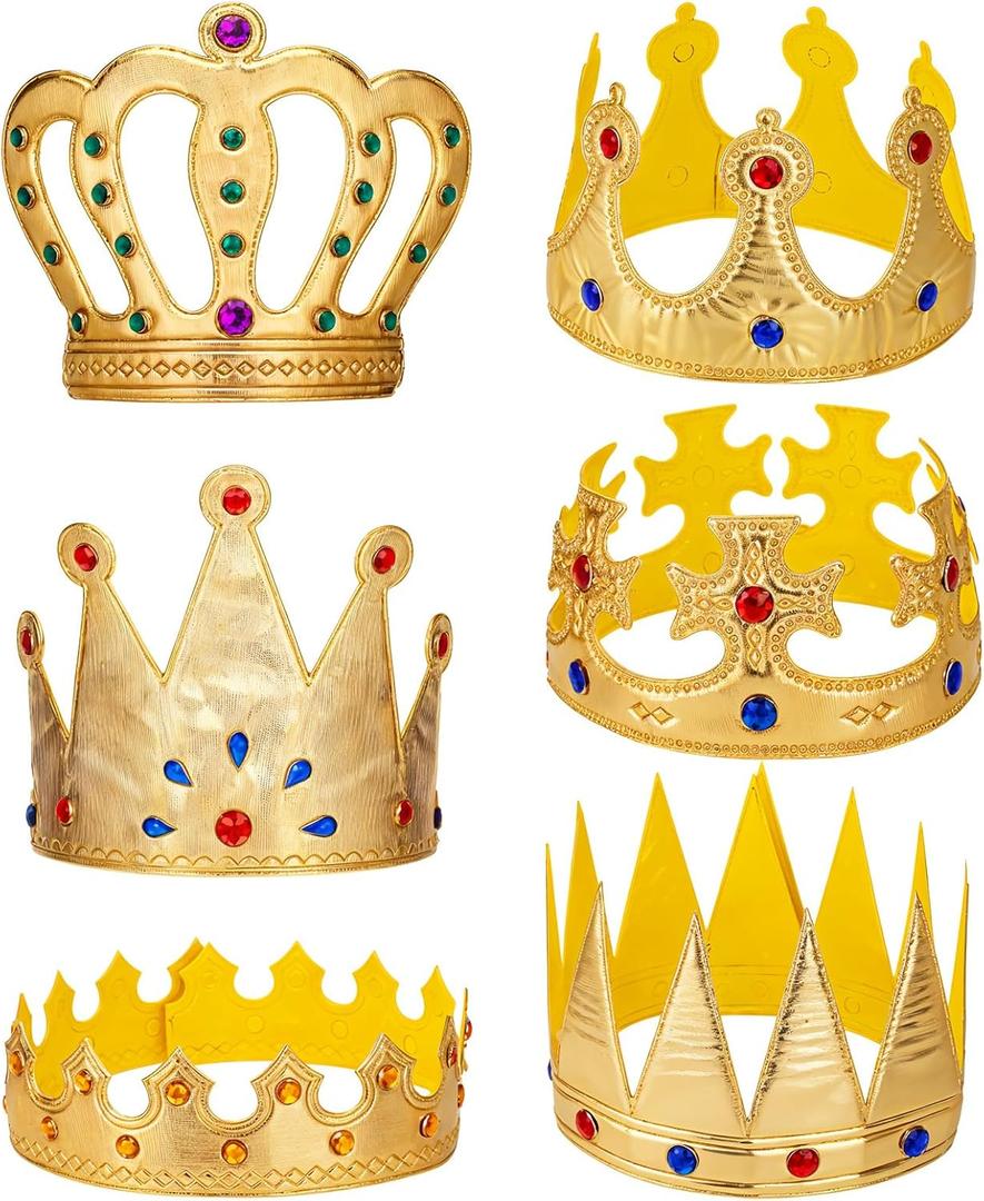 6 Piece Gold King Crowns Birthday Party Crown Hat King Queen Prince Princess Crowns Royal Coronation Crown for Halloween Costume Accessories Party Photo