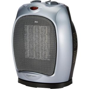Amazon Basics Oscillating Ceramic Portable Indoor Space Heater, Fast Heating Technology, Overheat and Tip-Over Protection, Adjustable Thermostat, 1500W, 7.52"D x 6.34"W x 9.45"H, Silver