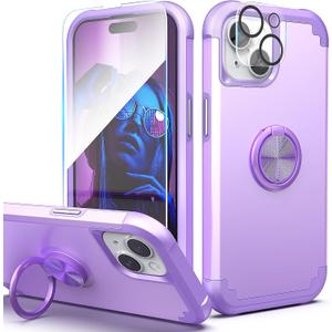 IDweel for iPhone 15 Case with Screen Protector + 360Ring Holder Stand + Camera Lens Protector,2 in 1 Shockproof Slim Fit Hybrid Heavy Duty Hard PC Cover Soft Silicone Bumper Full Body Case,Purple