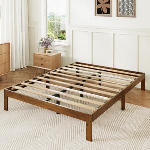 Novilla 12 Inch Queen Bed Frame, Classic Solid Wooden Platform Bed Frame Queen Size, Queen Size Bed Frame Without Headboard, Sturdy Wood Slat Support, No Box Spring Needed, Easy Assembly, Walnut