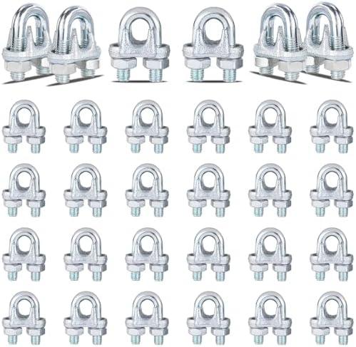 30PCS 1/4" Galvanized Zinc-Plated Wire Rope Cable Clamp Clips, M6 Wire Cable Clampswith U-Bolt Saddle Fasteners for Secure Rigging & Marine Use