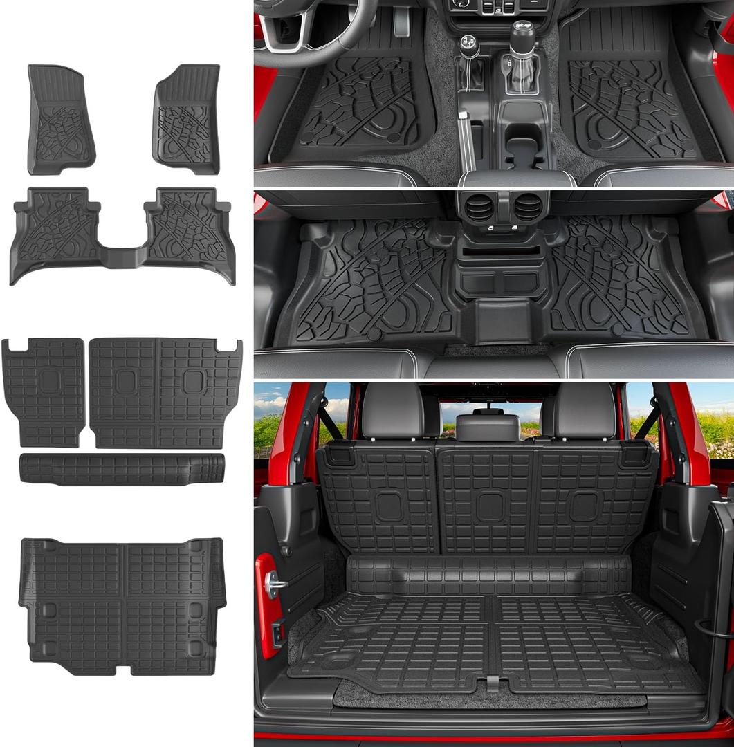 powoq Floor Mat Compatible with 2021-2025 Jeep Wrangler JL 4XE 4 Door Trunk Mat Backrest Mat TPE Replacement for 21-25 Jeep Wrangler JL Accessories (Fit 21-25 JL 4XE, Trunk Mat+Backrest Mat+Floor Mat)