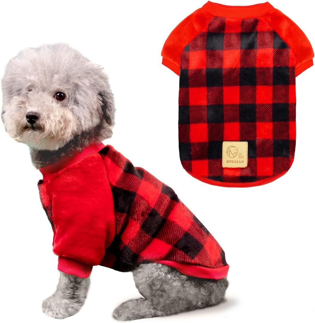 cyeollo Dog Christmas Sweater Warm Dog Winter Coats Buffalo Plaid New Year Puppy Doggie Sweatshirt Flannel Cold Weather Coats Pet Clothes for Small Dogs Size S (Red)
