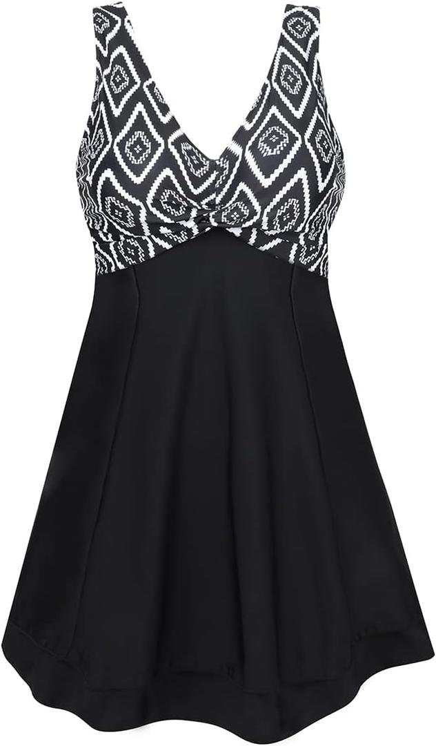 MiYang Women's Plus Size Printing Padded High Waist Swimdress (20-22, Black White Diamond)