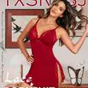 txsrbsj Sexy Sleepwear for Women Lace Trim Slit Nightgowns Lace Chemise Modal Sleep Dress with Thong Pijamas de Mujer