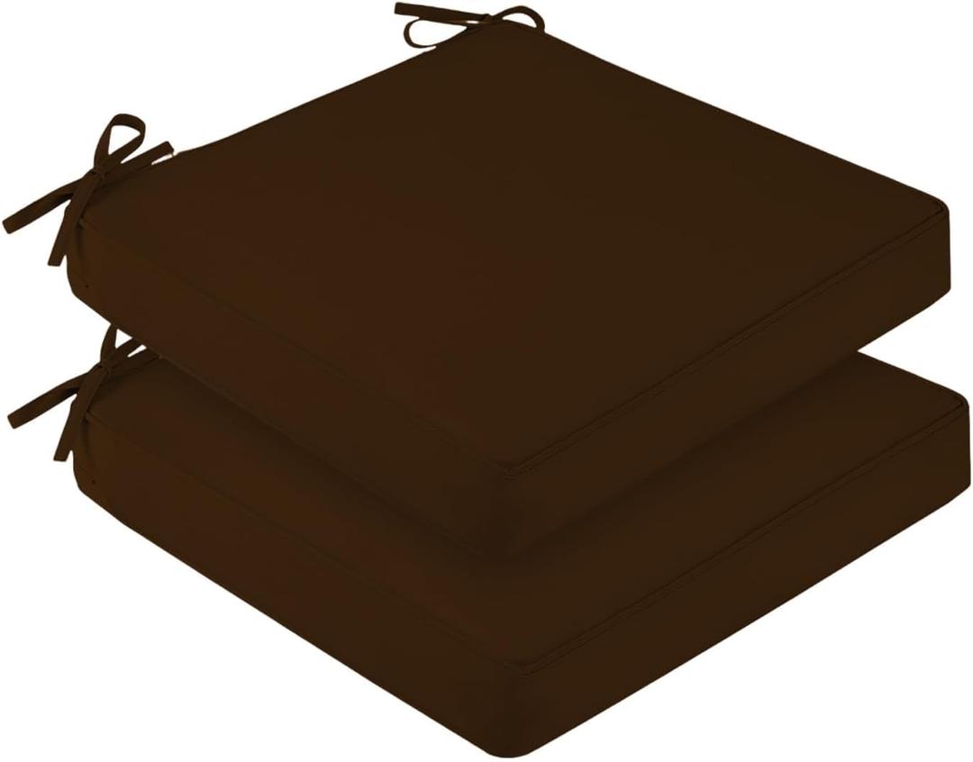 downluxe Waterproof Outdoor Chair Cushions Set of 2, 19" x 19" x 3" Patio Chair Cushion with Non-Slip Ties & Handle, Square Outdoor Cushion for Patio Furniture with Removable Cover, Brown