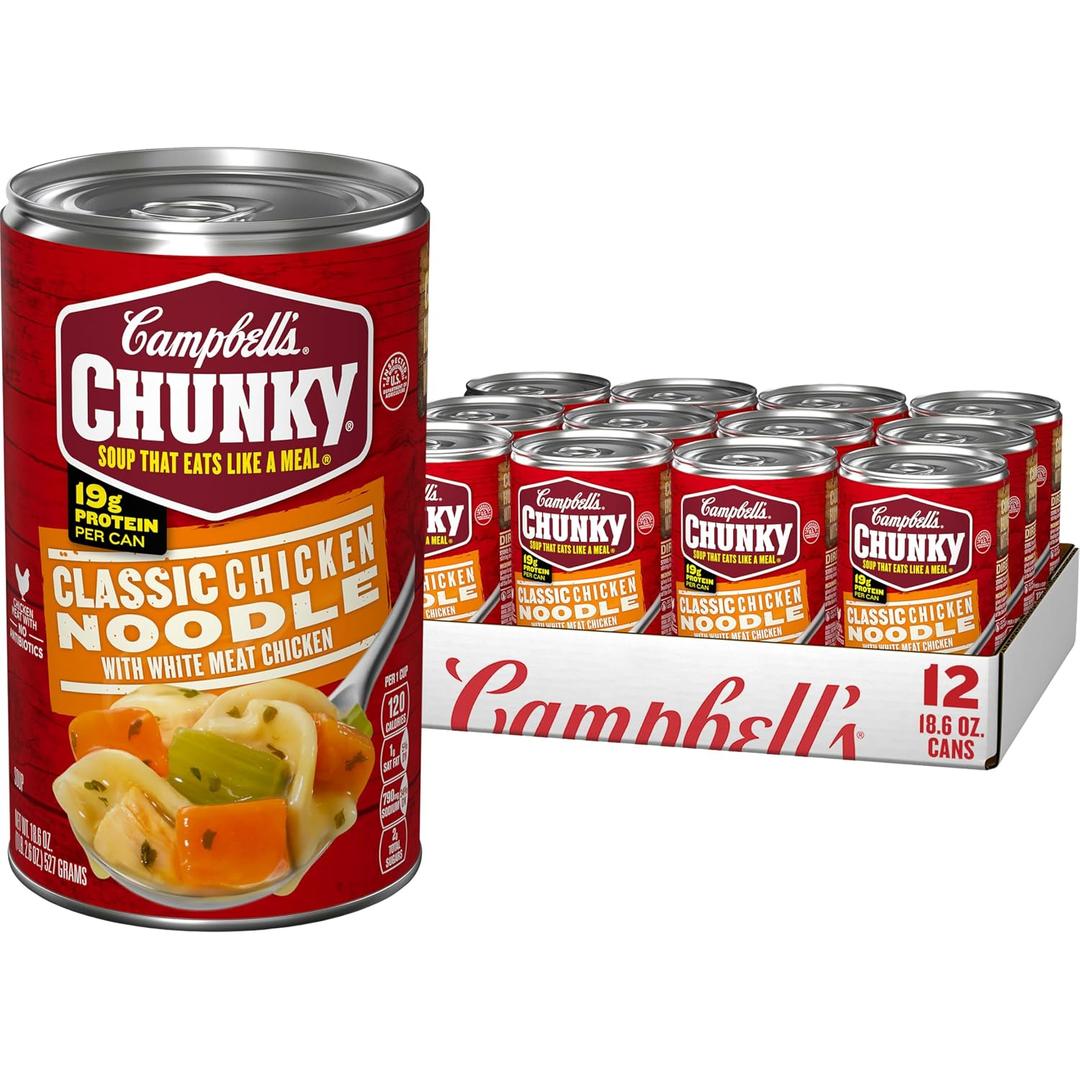 Campbell's Chunky Classic Chicken Noodle Soup, 18.6 oz Can (12 Pack) (EXP 04/08/28)