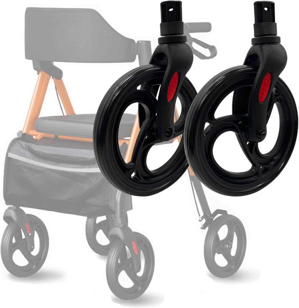 2PC 8" Front Wheel with Front Fork Drive, Rollator Walker Replacement Wheel, Rollator Front Caster and Drive Fork Assembly, Fits Oval Flat Tube Construction (1Pr)