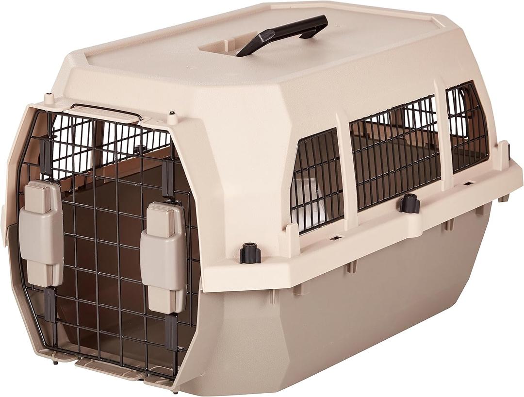 Amazon Basics Hard-Sided Dog and Cat Kennel Single-Door Travel Pet Carrier with Metal Wire Ventilation, 23.6"L x 15.7"W x 13.0"H, Beige (23.6"L x 15.7"W x 13.0"H, Beige)