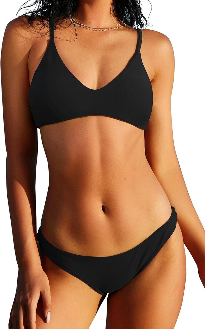 ZAFUL Women's Solid Spaghetti Strap Bralette Bikini Set Two Piece Swimsuit (1-Black, S)