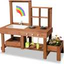 Mud Kitchen Playset for, Outdoor Wooden Toy Play Kitchen Set for Boys and Girls, Kitchen Accessories and Garden Sink with Faucet & Storage Shelves for Backyard Garden Toy (Brown), 47.2" x 18.5" x 39"