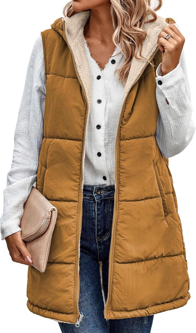 ECOWISH Women Long Puffer Vest: Fall Zip up Reversible Fleece Jacket 2025 Winter Warm Sleeveless Hooded Coat with Pockets (Medium, Brown)