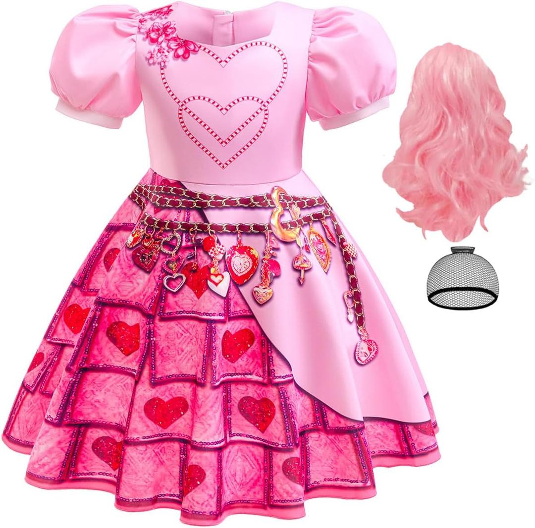 Kids Rise Red Costume Girls Bridget Pink Princess Dress Younger Queen of Heart Cosplay Outfit for Halloween Party (7-8 Years)