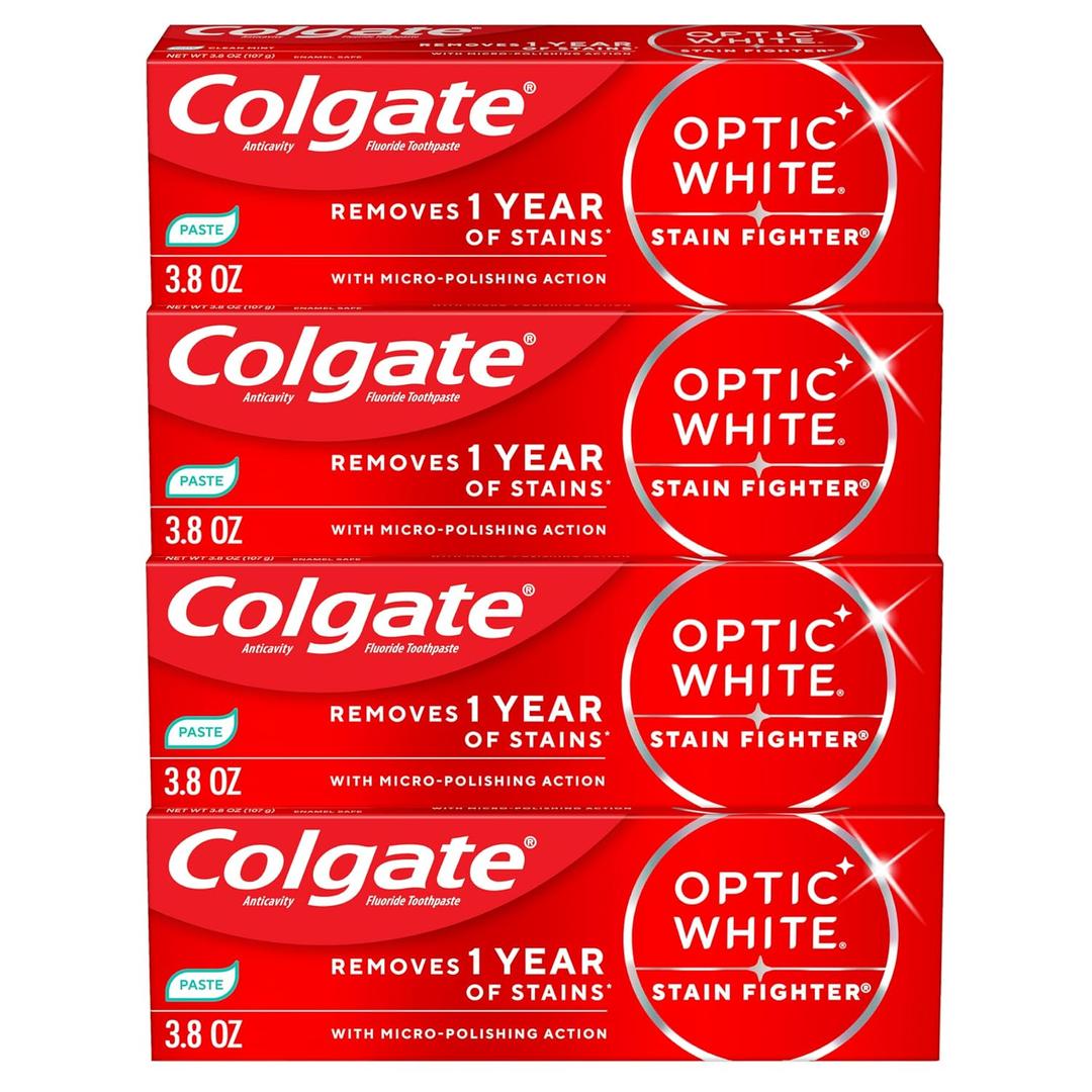 Colgate Optic White Stain Fighter Clean Mint Paste Teeth Whitening Toothpaste, 4 Pack, Anticavity Toothpaste with Fluoride, Enamel Safe Teeth Stain Remover, 3.8 OZ