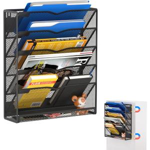6-Tier Magnetic File Holder, No Drilling Magnetic File Organizer Folder Holder, Black Hanging Magnetic Paper Holder for Refrigerator, Whiteboard, File Cabinets, Office, Kitchen (Black, 6-Tier)