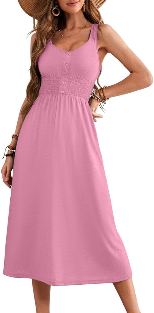 Dokotoo Womens Summer Dresses 2025 Sleeveless Button Down Smocked Empire Waist Casual A-Line Swing Midi Dress Sundress (Pink, XL)