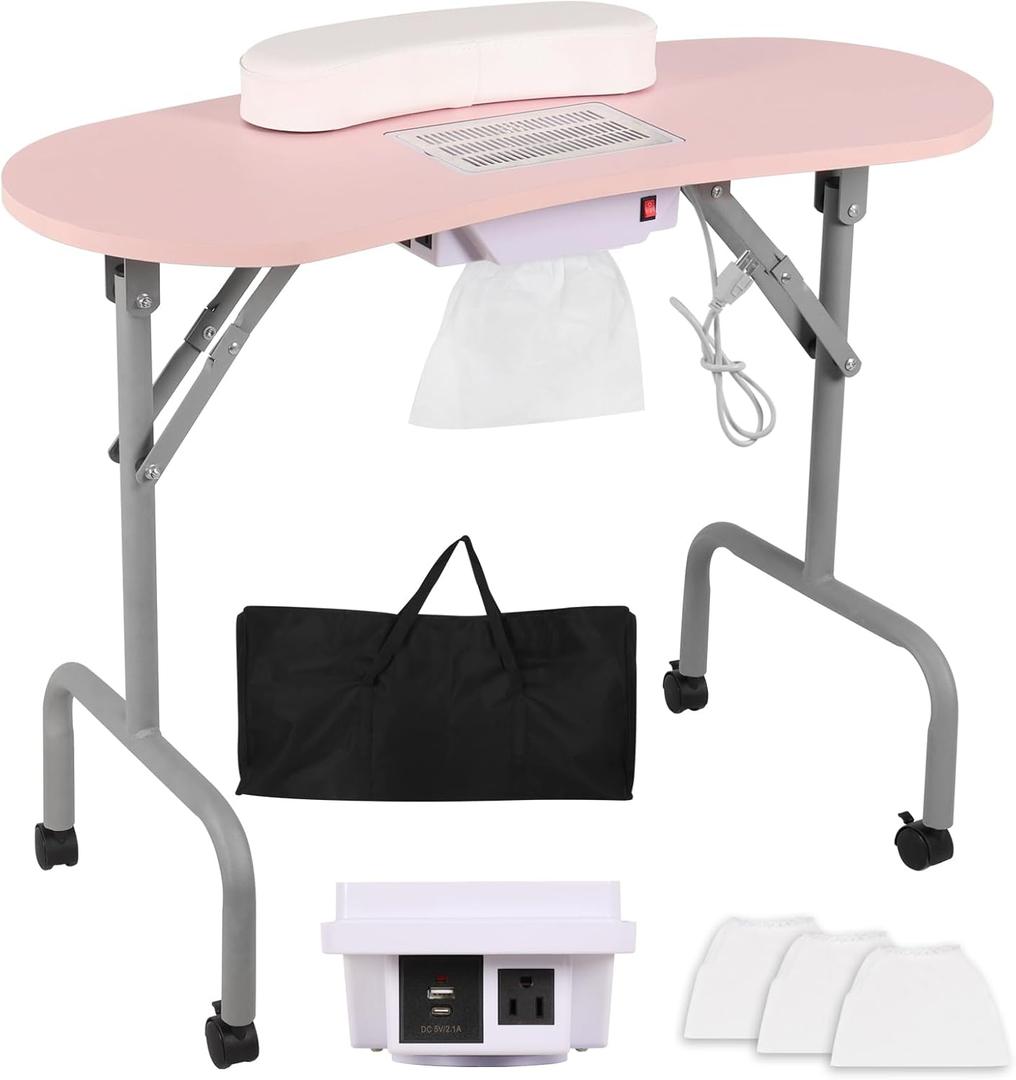 Portable Manicure Table Nail Desk with Charging Station & Dust Collector, Foldable Nail Tech Table for Technician Spa Salon Workstation with Wrist Pad 4 Lockable Wheels, 36-inch, Pink
