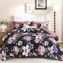 Luxudecor Queen Comforter Set 7 Pieces Bedding Sets,Black Pink Floral Comforter and Sheet Set,Soft Microfiber Bed in a Bag for All Seasons (Black Pink,90"x90")