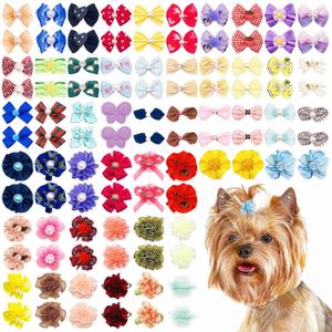 100pcs/50pairs Dog Hair Bows Grooming Bulk with Rubber Bands in Mixed Colors Radom Pattern Toknot Bowknot Elastic for Small Medium Doggy Puppy Yorkie Shih Girl Femal Hair Accessories