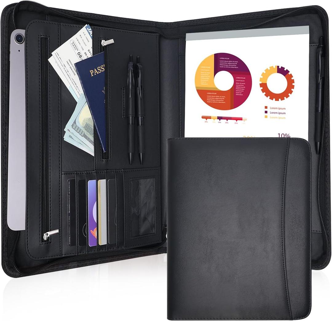 Portfolio Binder with Zipper, PU Leather Padfolio Organizer, Business Zipper Tablet Portfolio for Men and Women, Present for Mothers Day (Black)