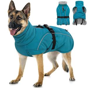 Queenmore Winter Dog Jacket, Waterproof Puffy Snowsuit, Adjustable Reflective Fleece Lining Warm Padding Parka for Cold Weather, Blue, Large