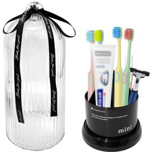 Multi Functional Rotating Toothbrush Holders with Sliding Base, 7 Slot Bathroom Countertop Organizer Perfect for Tooth Brush, Toothpaste, and Makeup Brushes Storage (Black)