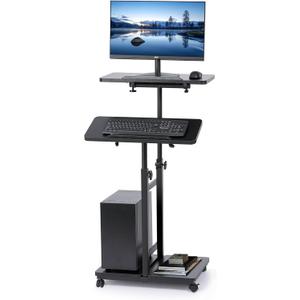 Mobile Laptop Stand Desk, Standing or Sitting Rolling Computer Cart with Tower Stand, Adjustable Height 27.5" to 47.2" Portable Laptop Table Home Office Computer Workstation, Locking Wheels (Black)