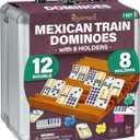 Queensell Mexican Train Dominoes Set with 8 Holders - Wooden Hub and Tiles Holders - Double 12 Tiles with Dots (D12 + 8 Holders)