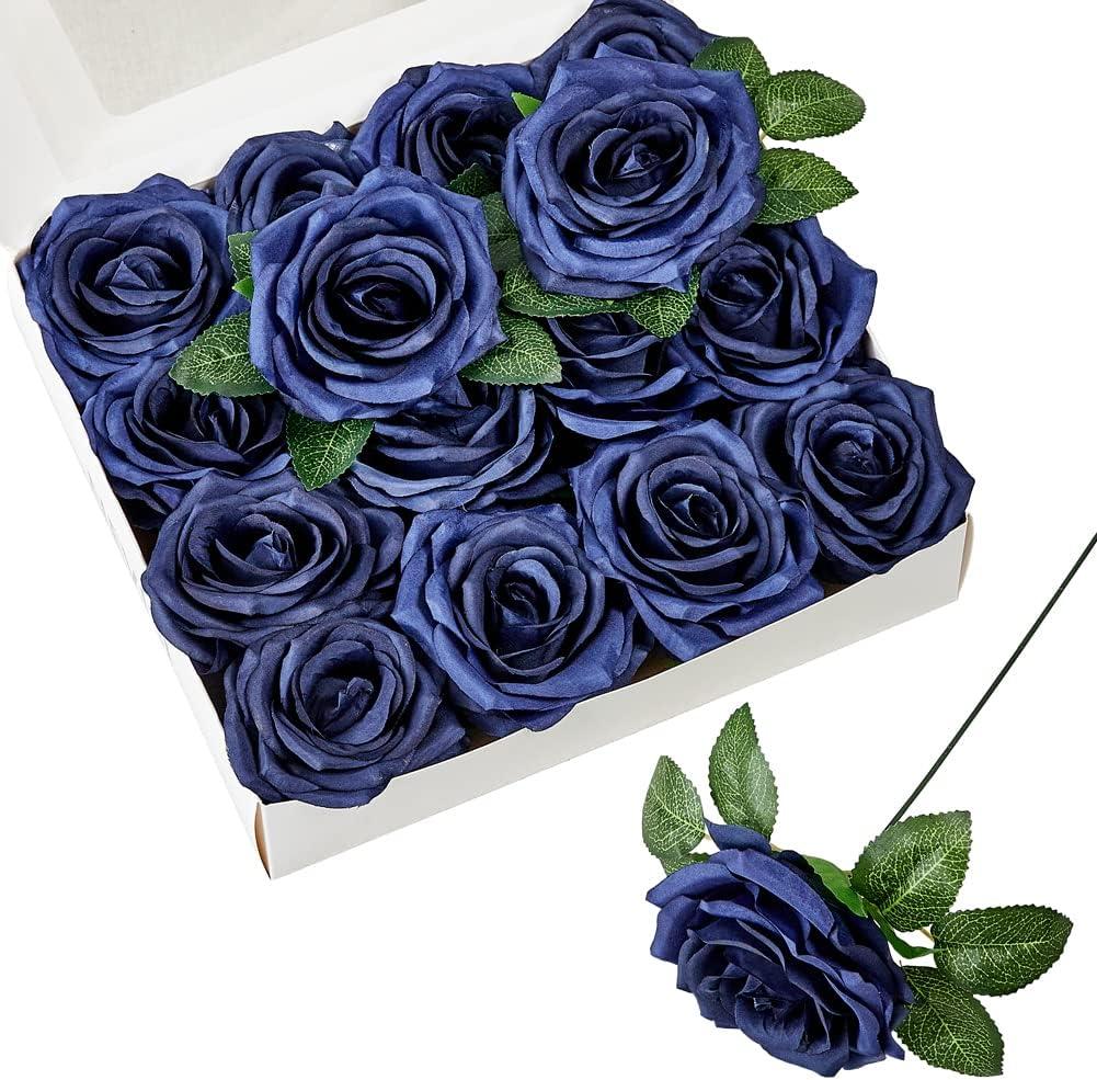 Artificial Flowers Navy Blue Fake Rose Silk Rose 16 Pcs Real Looking Fake Flowers with Stems for DIY Wedding Bouquets Party Tables Centerpieces Floral Arrangements Festival Decoration