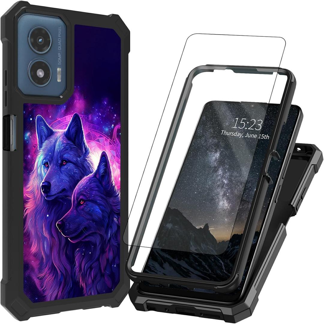 for Motorola Moto G 5G 2024 Case/Moto G Play 5G 2024 Case with Screen Protector Dual Layer Structure Protection Corner TPU Bumper Phone Cover,Blue Purple Wolf