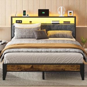 OLEVS Queen Bed Frame Metal Platform Bed Queen Size with 2-Tier Storage & LED Light Headboard, Charging Station Type C, No Box Spring Needed