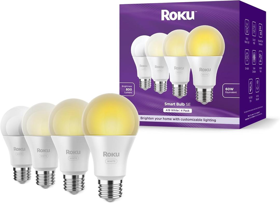 Roku Smart Light Bulbs (White, 4-Pack) - Dimmable A19 Lightbulbs with Adjustable Brightness & Temperature - WiFi Smart Bulbs Works Voice, Alexa & Google Assistant, No Hub Required