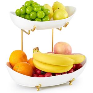 2 Tier Ceramic Fruit Bowl for Kitchen Counter, Tiered Fruit Basket for Countertop, Modern Multi Layer Fruit Display Stand for Party, Cute (Gold&White, Large)