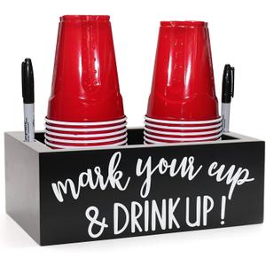 Kitticcino Double Cup Holder Party Cup Dispenser Wooden Cup Organizer Mark Your Cup and Drink Up Caddy Farmhouse Bar Counter Decor Holiday Halloween Christmas Party Supplies (Black)