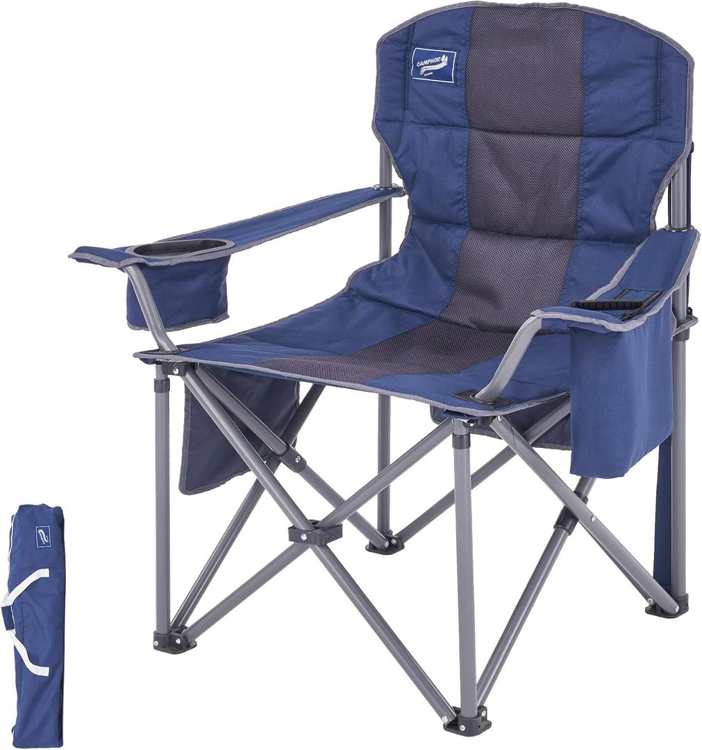 Oversized Folding Camping Chair for Adults, Supports 500 lbs, Breathable Fabric, Insulated Cup Holder, 8-Can Cooler, Padded Backrest & Seat, Storage Pouch, Carry Bag
