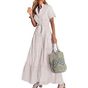 utcoco Womens Casual Short Sleeve Button Down Tie Waist Ruffled Striped Maxi Shirt Dress Khaki  XL