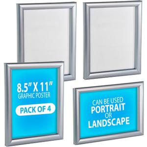 Azar Displays 300336-SLV-4PK Wall Mount Plastic Snap Poster Frame 8.5" x 11" Portrait/Landscape Sign Holder Frame, 4-Pack (Silver)