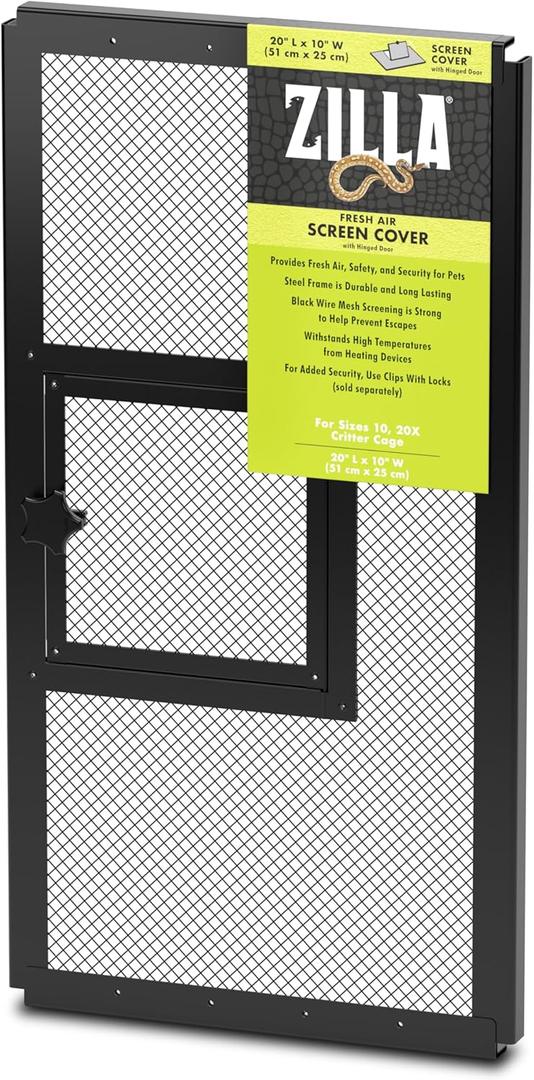Zilla Pet Reptile Terrarium Fresh Air Screen Cover with Hinged Door 20" x 10" (Black)