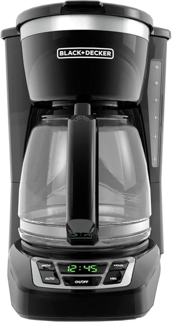 Black+Decker 12-Cup Digital Coffee Maker, Programmable, Washable Basket Filter, Sneak-A-Cup, Auto Brew, Water Window, Keep Hot Plate, Black