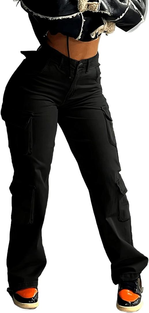 Women Mid Waisted Cargo Jeans Flap Pocket Straight Wide Leg Casual Baggy Boyfriend Denim Streetwear Pants (Large, Black)
