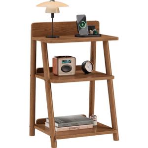 Solid wood End Table with Charging station, 3-Tier Ladder Nightstand,Walnut Rubber Wood Side Table with Open Storage, Heavy Duty Stable Trapezoid Frame Accent Table for Living Room, Bedroom 11.85"D x 20.47"W x 32.17"H