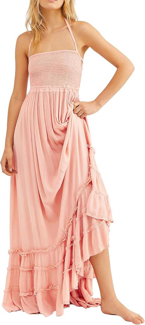 R.Vivimos Womens Summer Boho Sexy Backless Long Dresses (Small, Blush)
